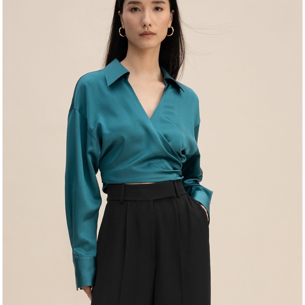 Lilysilk Mulberry Silk Wrapover Cropped Shirt Blouse Adriatic Blue Women Org$185 - Picture 1 of 12